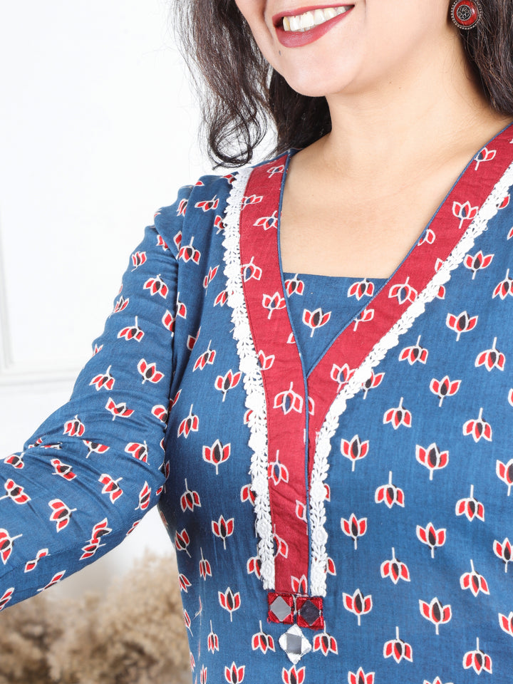 Hariyali Denim Blue Lace Neck Work in Lotus Printed Cotton Kurti