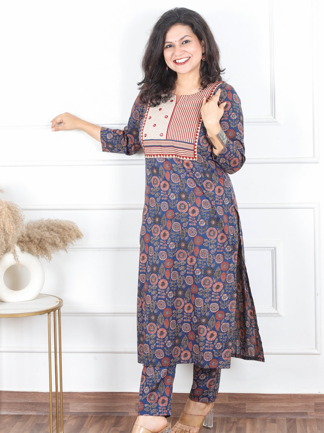 Hariyali Dark Blue with Mirror Work Stripe Yoke Work Ajrak Printed Cotton Kurti