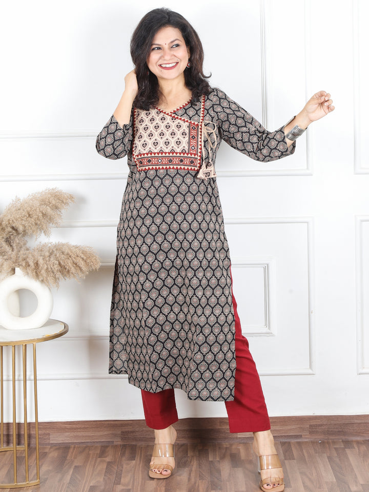 Hariyali Night Black Angrakha Neck Yoke with Knot Pan Style Ajrak Print Cotton Kurti