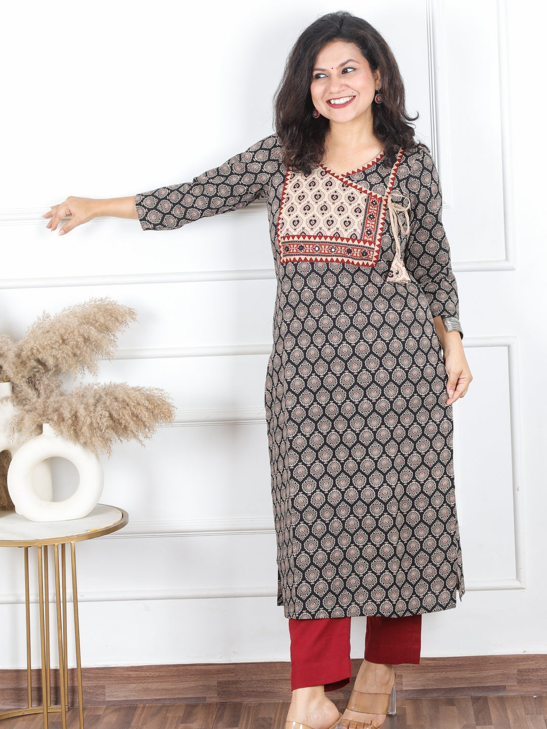 Hariyali Night Black Angrakha Neck Yoke with Knot Pan Style Ajrak Print Cotton Kurti