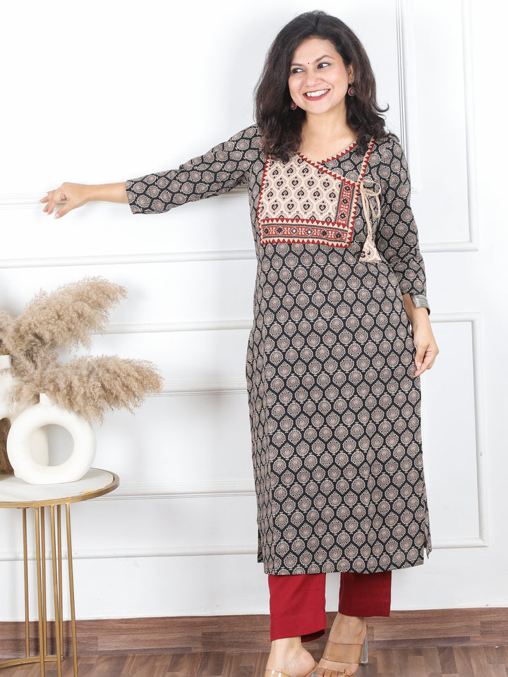 Hariyali Night Black Angrakha Neck Yoke with Knot Pan Style Ajrak Print Cotton Kurti