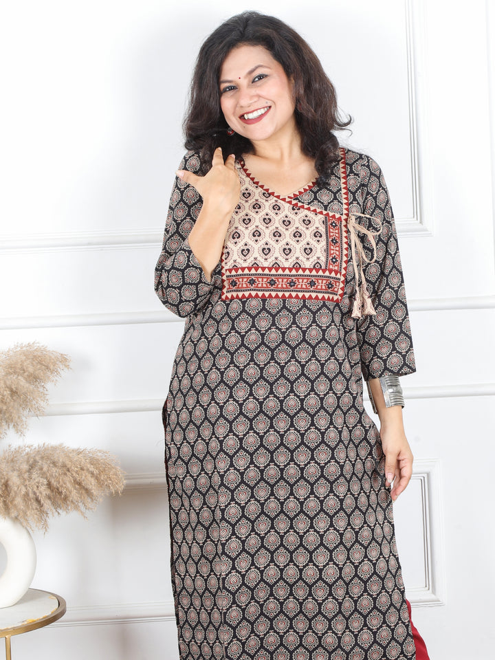 Hariyali Night Black Angrakha Neck Yoke with Knot Pan Style Ajrak Print Cotton Kurti