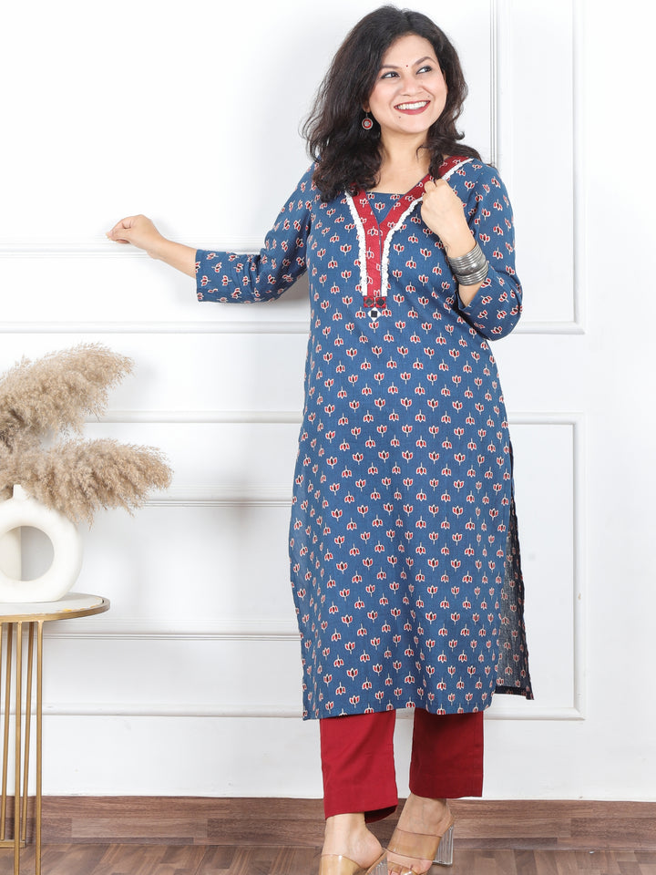 Hariyali Denim Blue Lace Neck Work in Lotus Printed Cotton Kurti