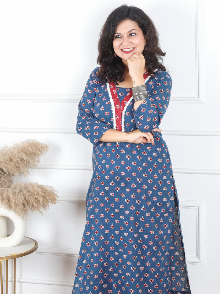 Hariyali Denim Blue Lace Neck Work in Lotus Printed Cotton Kurti