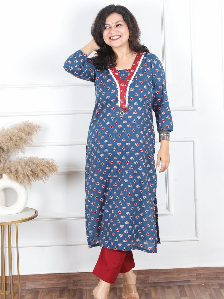 Hariyali Denim Blue Lace Neck Work in Lotus Printed Cotton Kurti