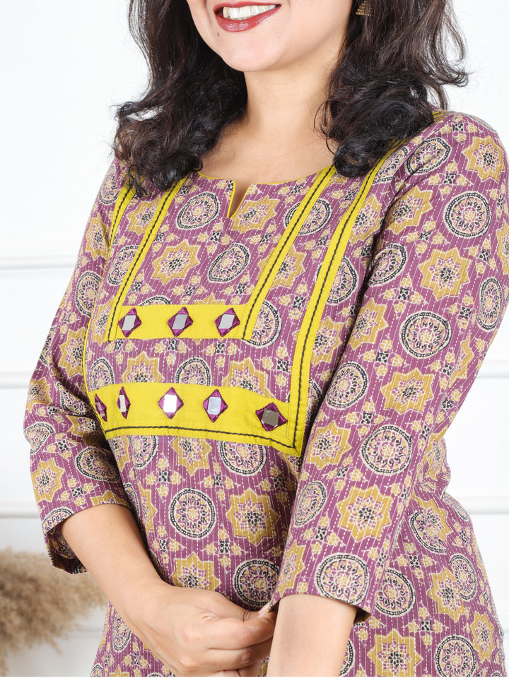 Hariyali Mulberry Onion Mirror Work in Ajrak Printed Running Work Cotton Kurti