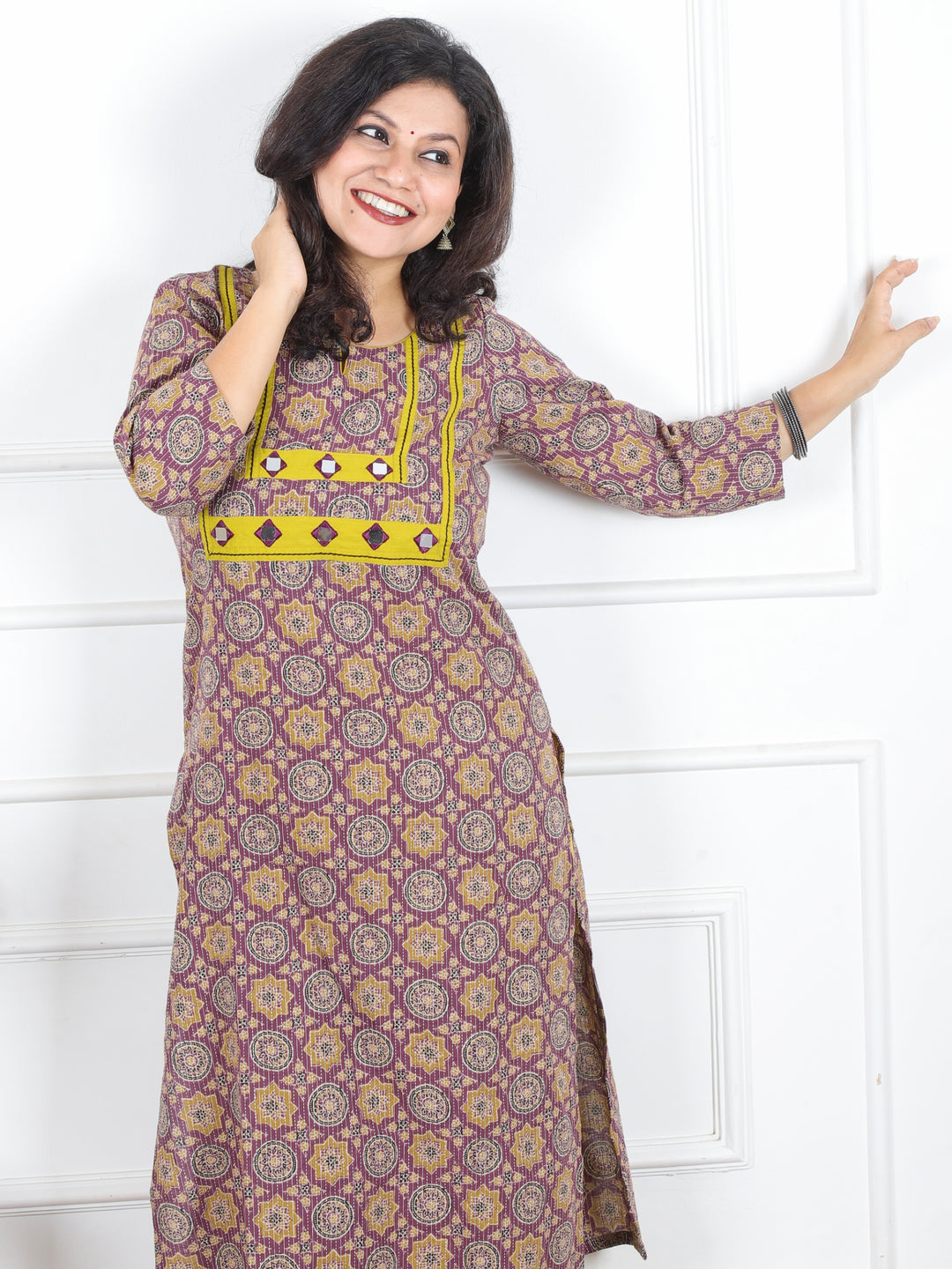 Hariyali Mulberry Onion Mirror Work in Ajrak Printed Running Work Cotton Kurti