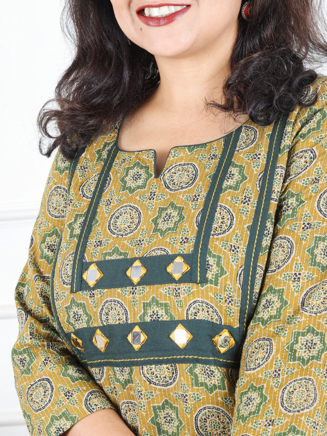 Hariyali Spring Green Mirror Work in Ajrak Printed Running Work Cotton Kurti