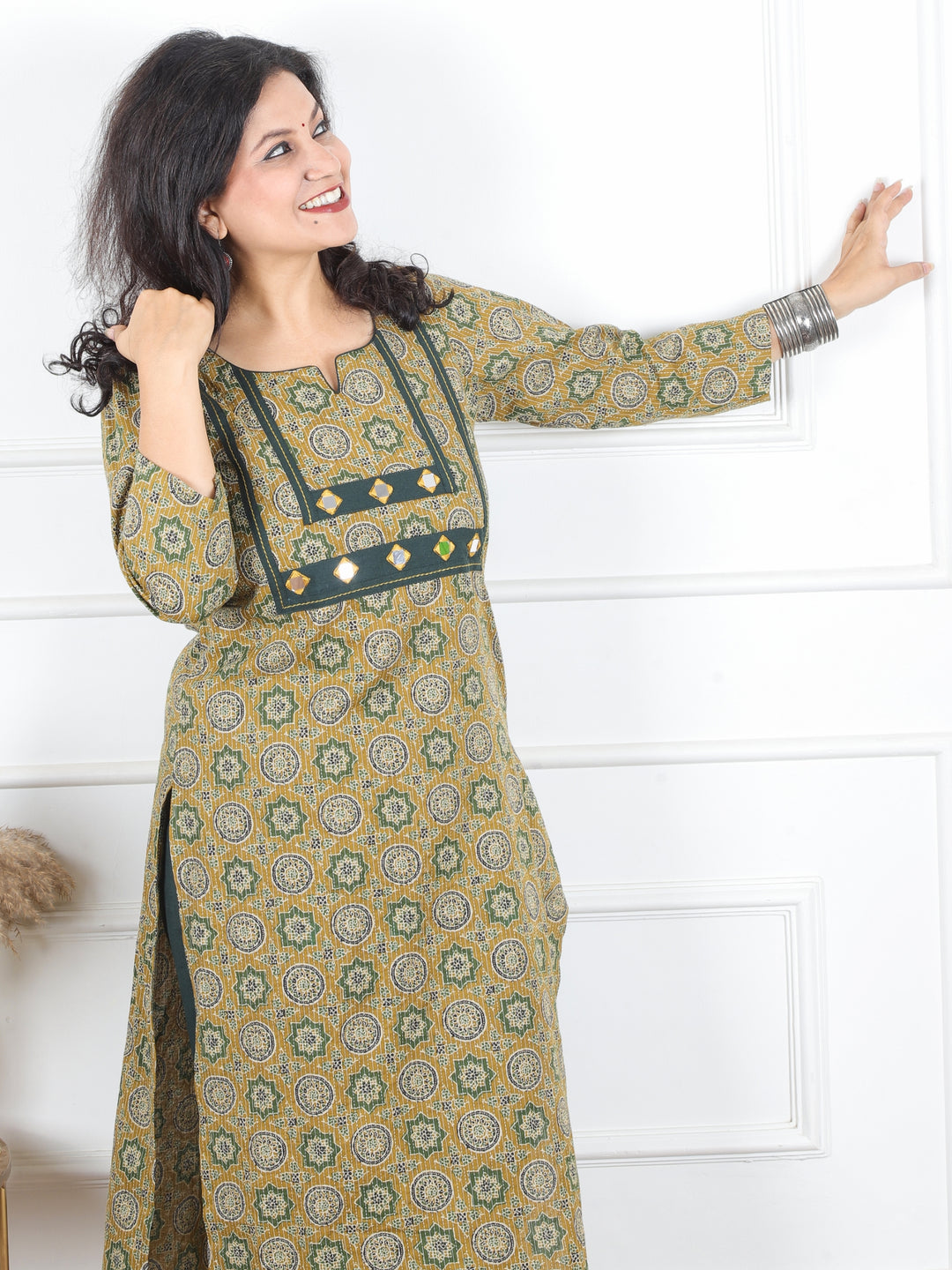 Hariyali Spring Green Mirror Work in Ajrak Printed Running Work Cotton Kurti