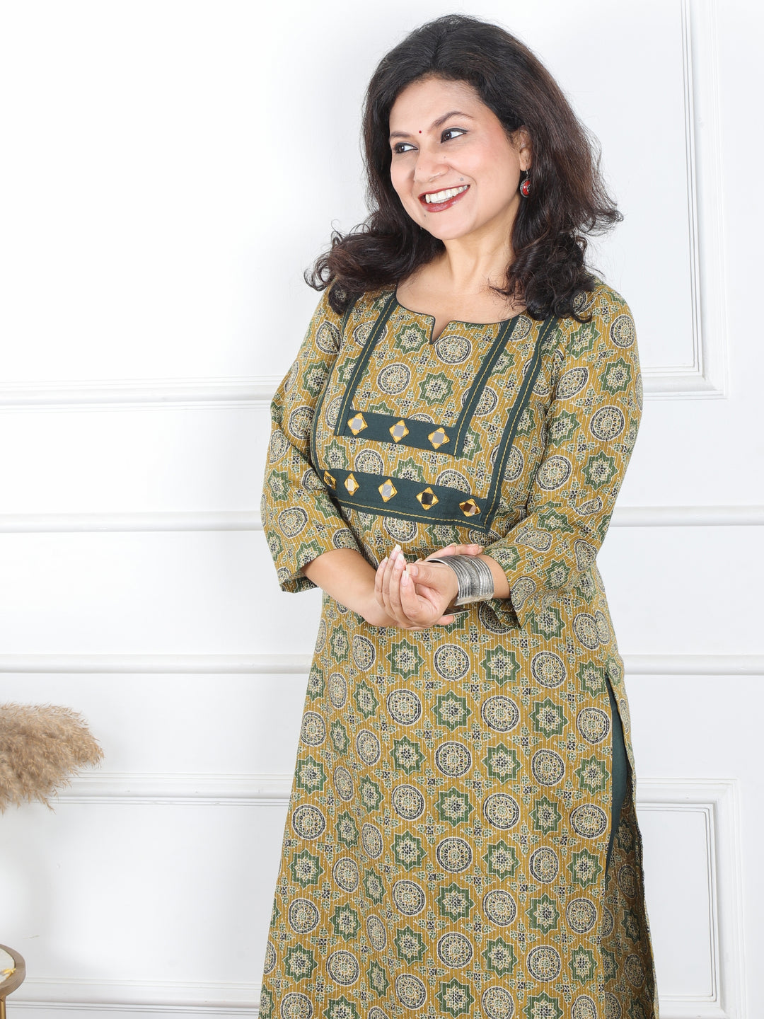 Hariyali Spring Green Mirror Work in Ajrak Printed Running Work Cotton Kurti