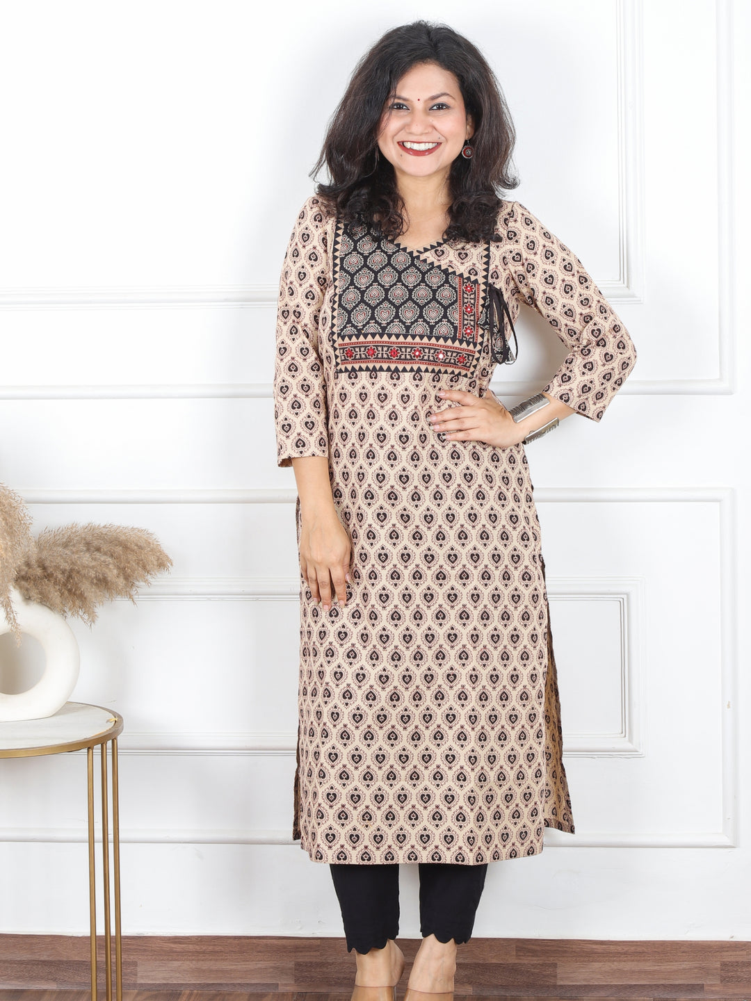 Hariyali Beige with Black Angrakha Yoke with Knot Pan Style Ajrak Print Cotton Kurti