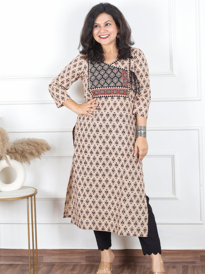 Hariyali Beige with Black Angrakha Yoke with Knot Pan Style Ajrak Print Cotton Kurti