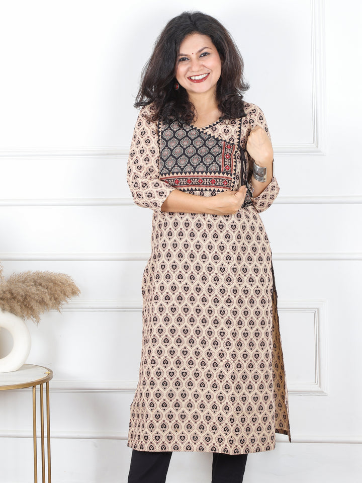 Hariyali Beige with Black Angrakha Yoke with Knot Pan Style Ajrak Print Cotton Kurti