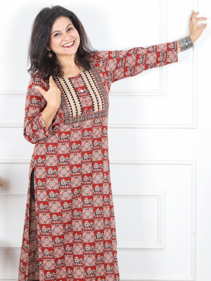 Hariyali Cheery Red Printed Yoke with Mirror Work Gajj Printed Cotton Kurti