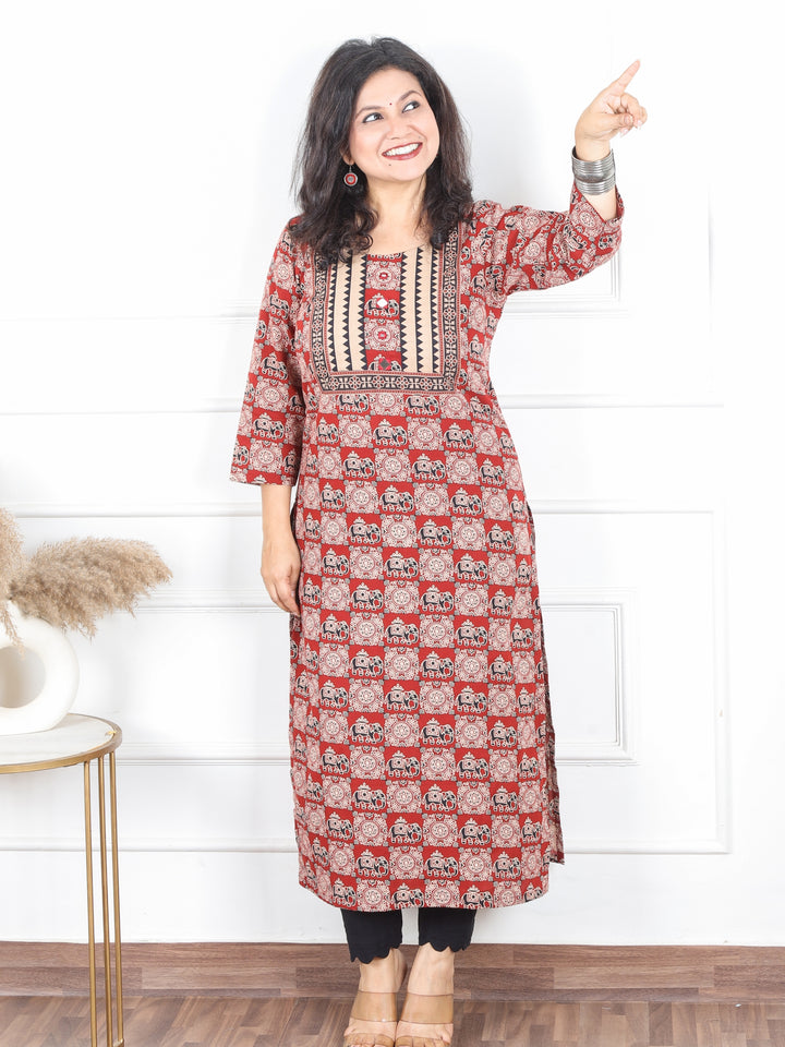 Hariyali Cheery Red Printed Yoke with Mirror Work Gajj Printed Cotton Kurti