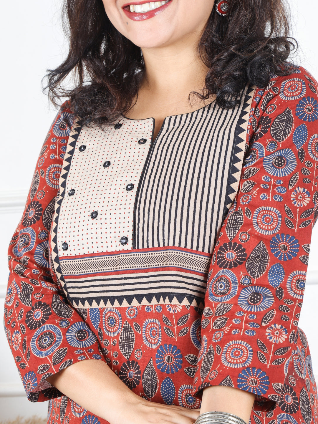 Hariyali Dark Red with Mirror Work Stripe Yoke Work Ajrak Printed Cotton Kurti