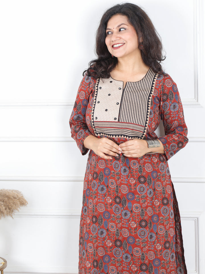 Hariyali Dark Red with Mirror Work Stripe Yoke Work Ajrak Printed Cotton Kurti