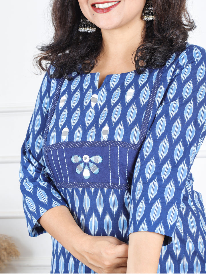 Hariyali Indigo Blue Mirror Yoke on Neck in Dabu Printed Cotton Kurti