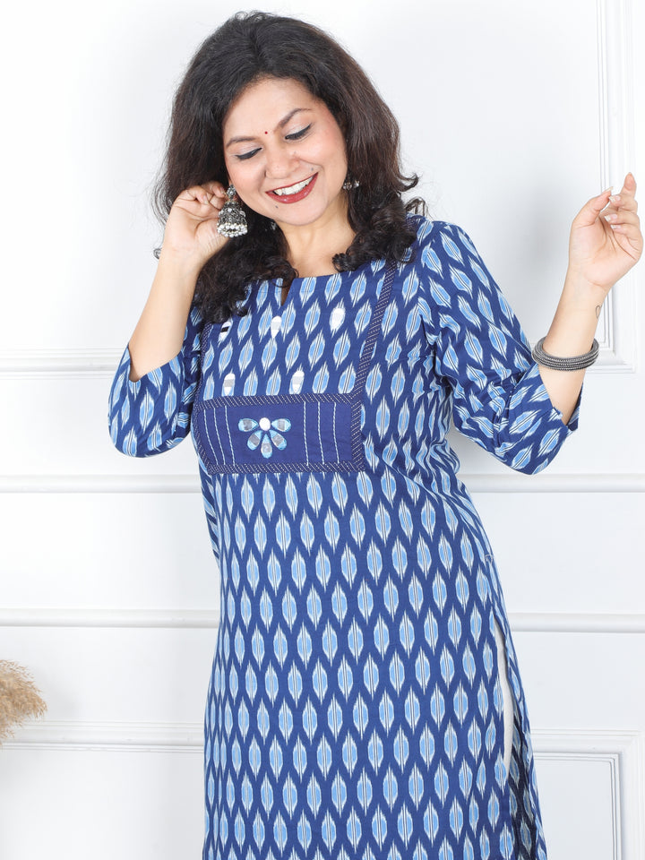 Hariyali Indigo Blue Mirror Yoke on Neck in Dabu Printed Cotton Kurti