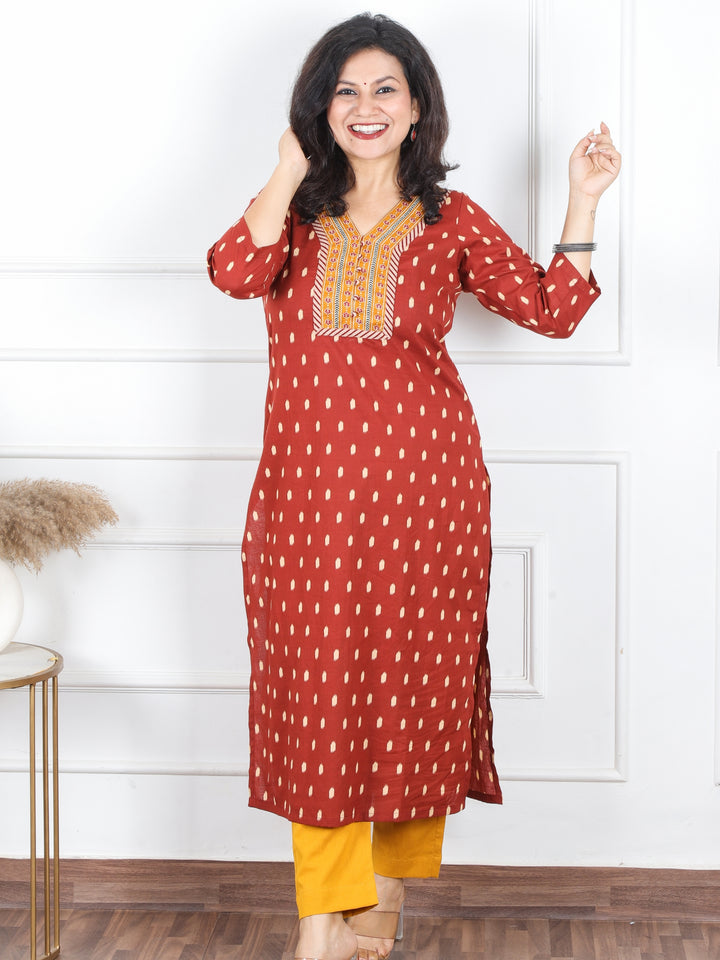 Hariyali Dark Barn Rust V Neck Patch with Polti Button Work in Ikkat Printed Cotton Kurti