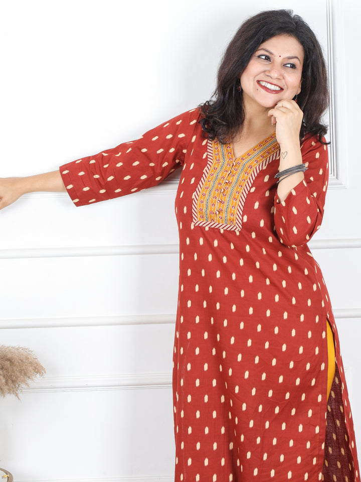 Hariyali Dark Barn Rust V Neck Patch with Polti Button Work in Ikkat Printed Cotton Kurti