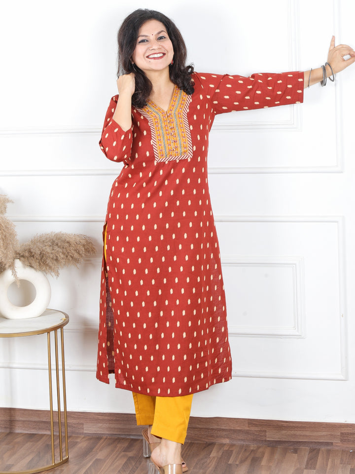 Hariyali Dark Barn Rust V Neck Patch with Polti Button Work in Ikkat Printed Cotton Kurti