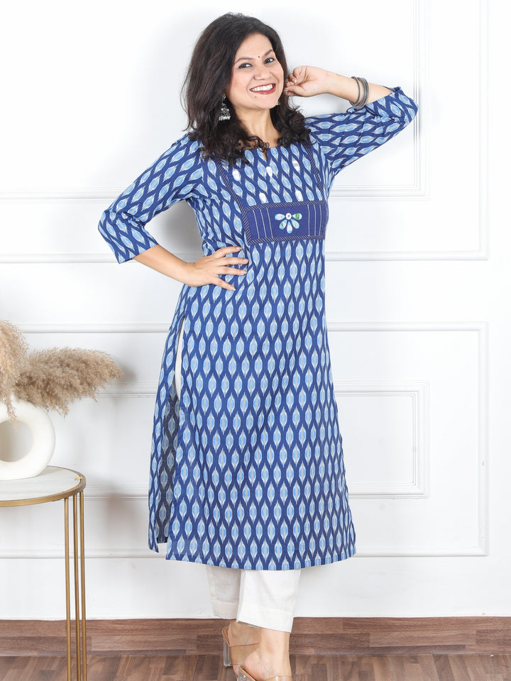 Hariyali Indigo Blue Mirror Yoke on Neck in Dabu Printed Cotton Kurti