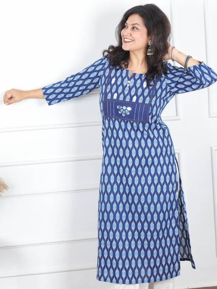 Hariyali Indigo Blue Mirror Yoke on Neck in Dabu Printed Cotton Kurti
