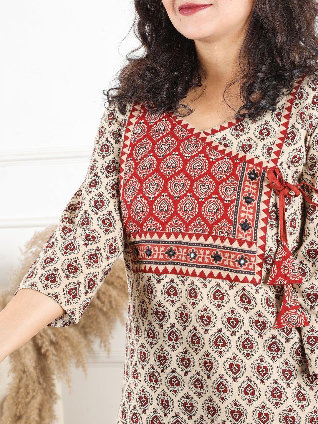 Hariyali Beige with Red Angrakha Yoke with Knot Pan Style Ajrak Print Cotton Kurti