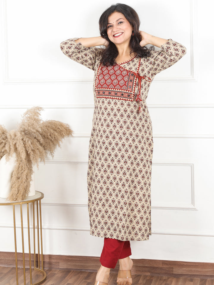 Hariyali Beige with Red Angrakha Yoke with Knot Pan Style Ajrak Print Cotton Kurti