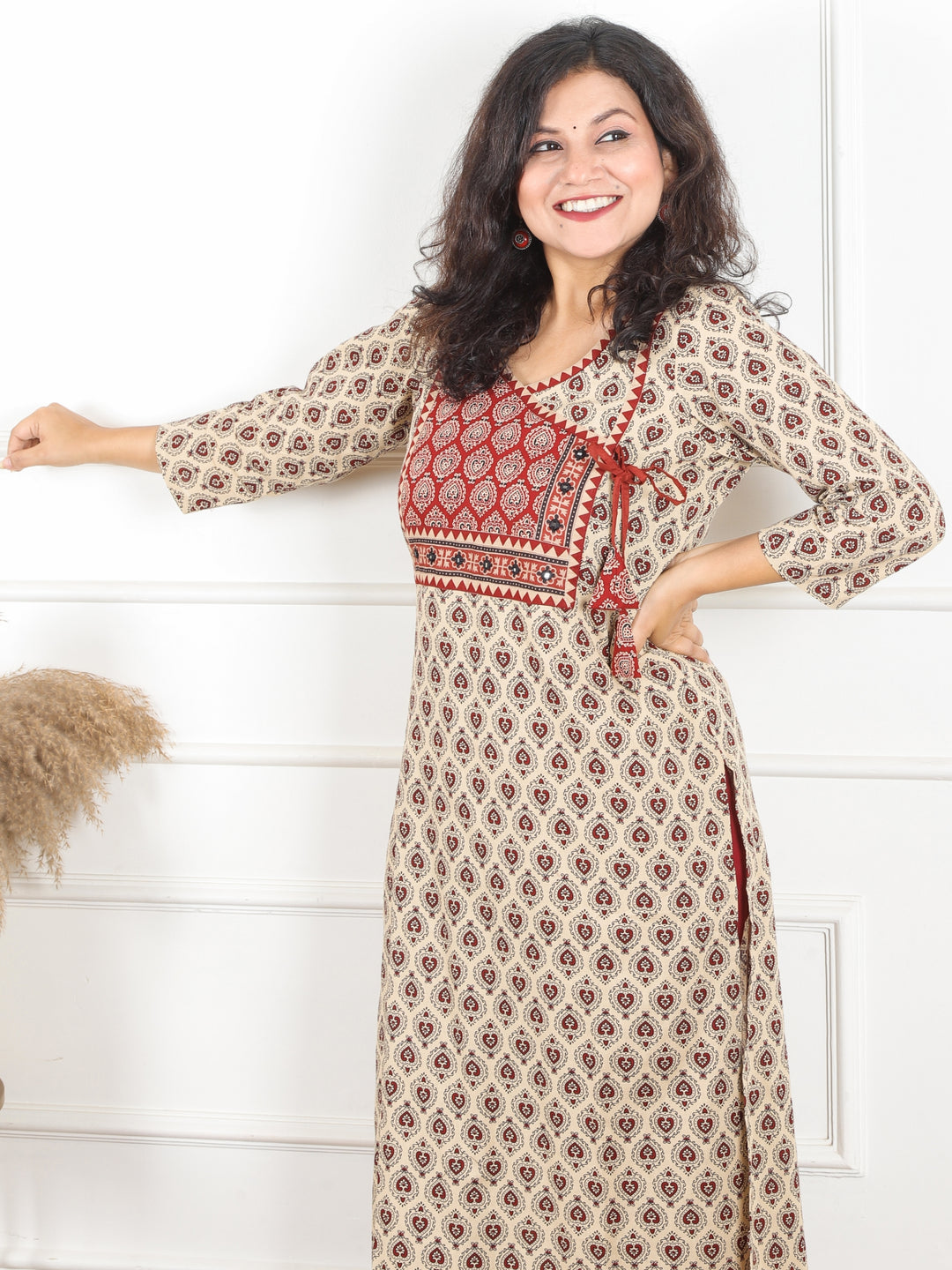 Hariyali Beige with Red Angrakha Yoke with Knot Pan Style Ajrak Print Cotton Kurti