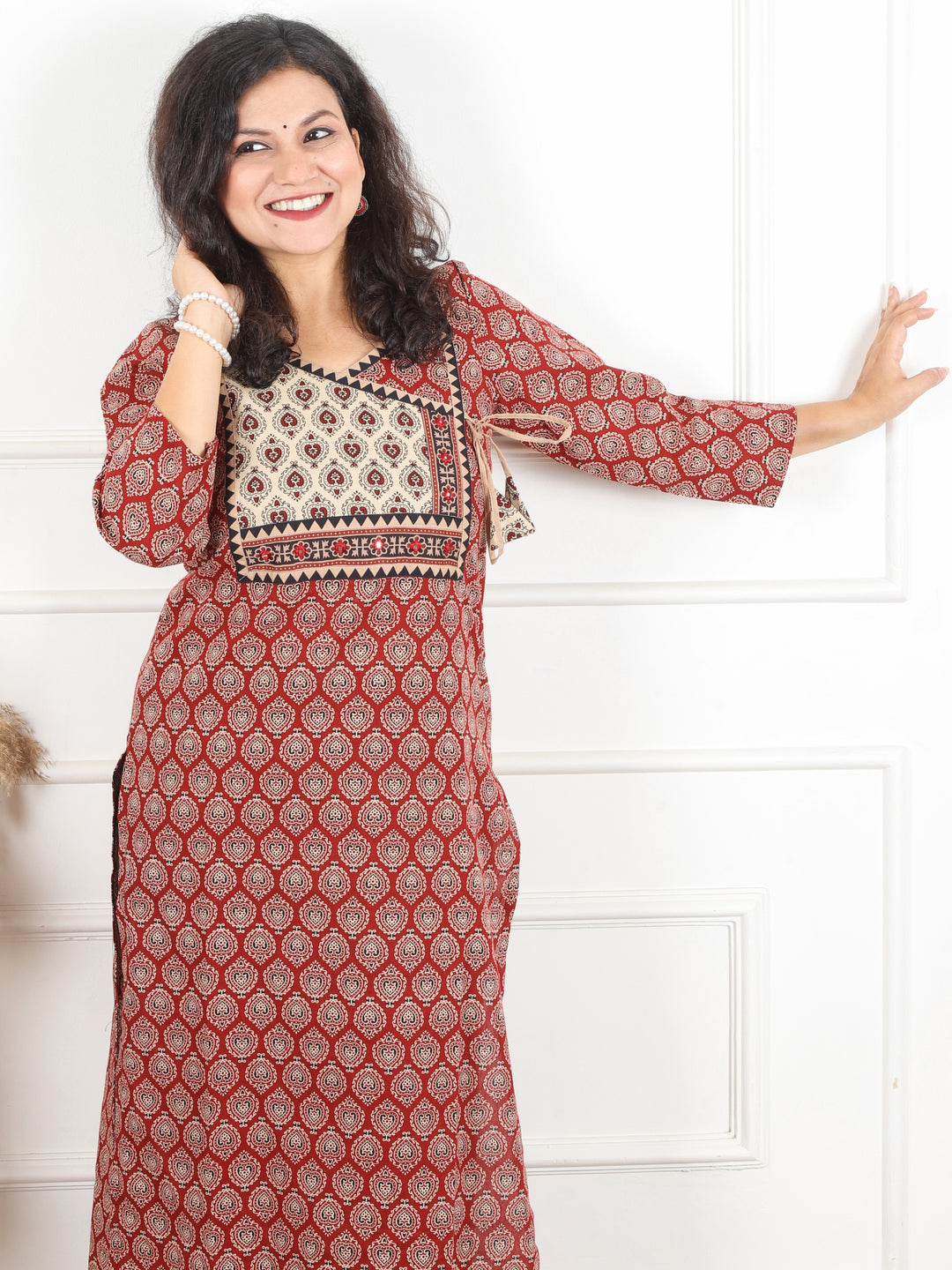 Hariyali Berry Red Angrakha Neck Yoke with Knot Pan Style Ajrak Print Cotton Kurti