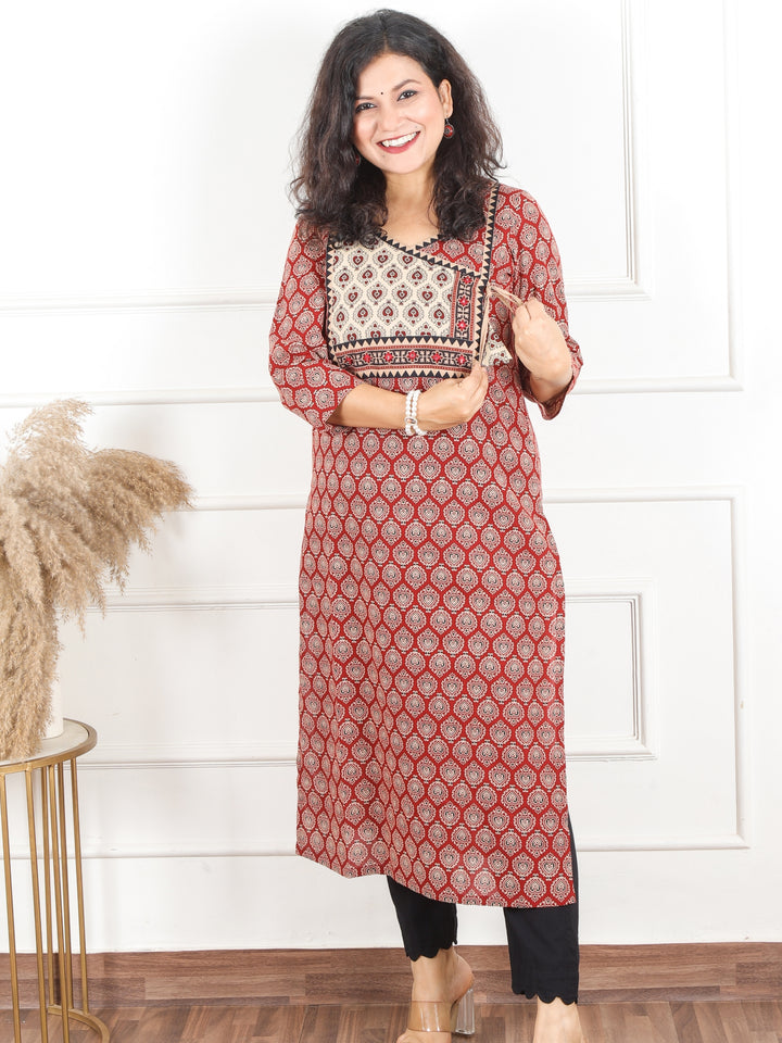 Hariyali Berry Red Angrakha Neck Yoke with Knot Pan Style Ajrak Print Cotton Kurti