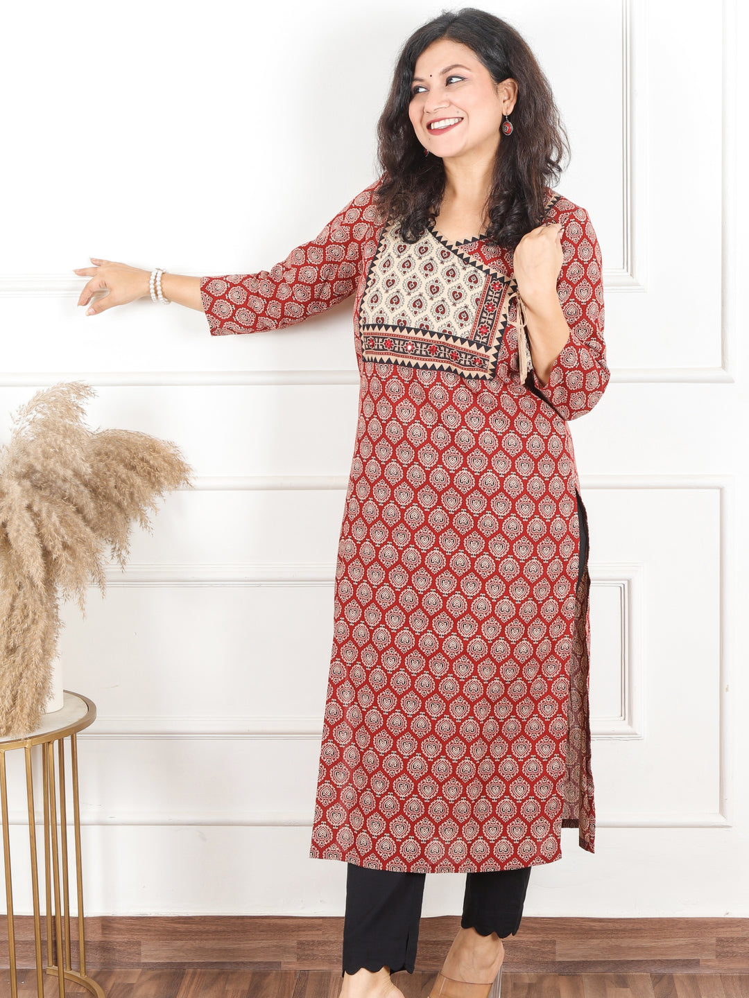 Hariyali Berry Red Angrakha Neck Yoke with Knot Pan Style Ajrak Print Cotton Kurti