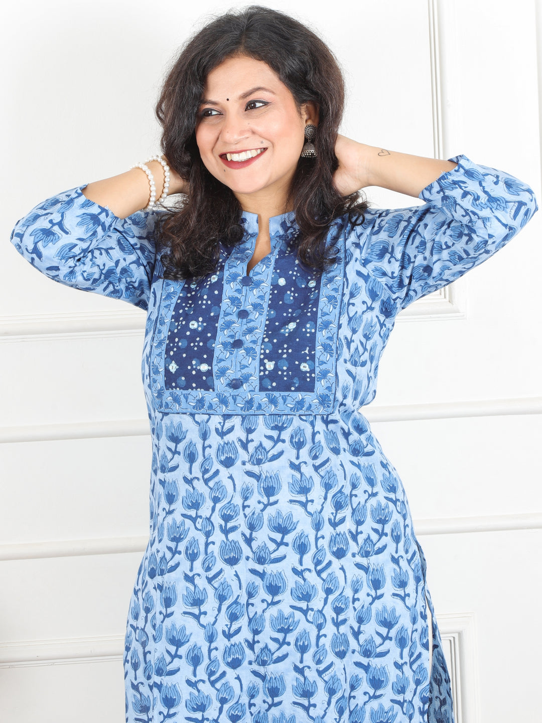 Hariyali Steel Blue Mirror Work Detailing with Dabu Patch in Dabu Printed Cotton Kurti
