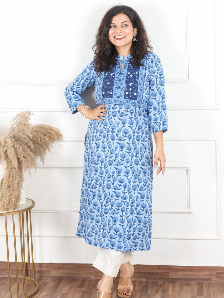 Hariyali Steel Blue Mirror Work Detailing with Dabu Patch in Dabu Printed Cotton Kurti