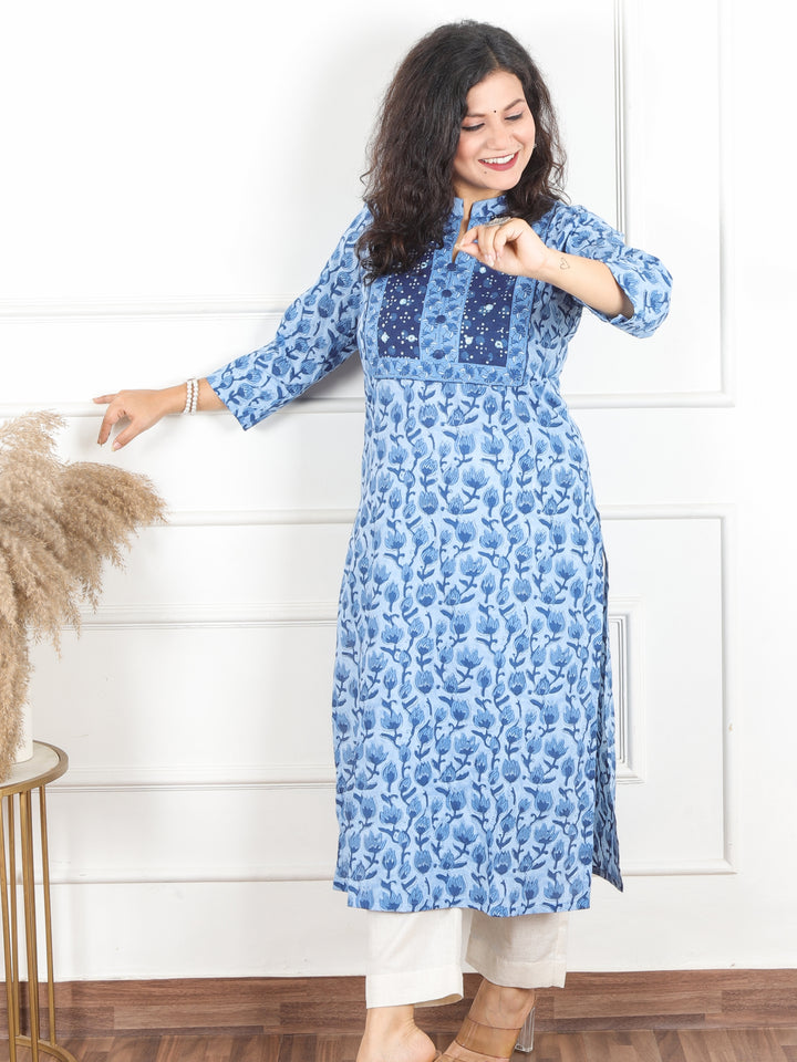 Hariyali Steel Blue Mirror Work Detailing with Dabu Patch in Dabu Printed Cotton Kurti