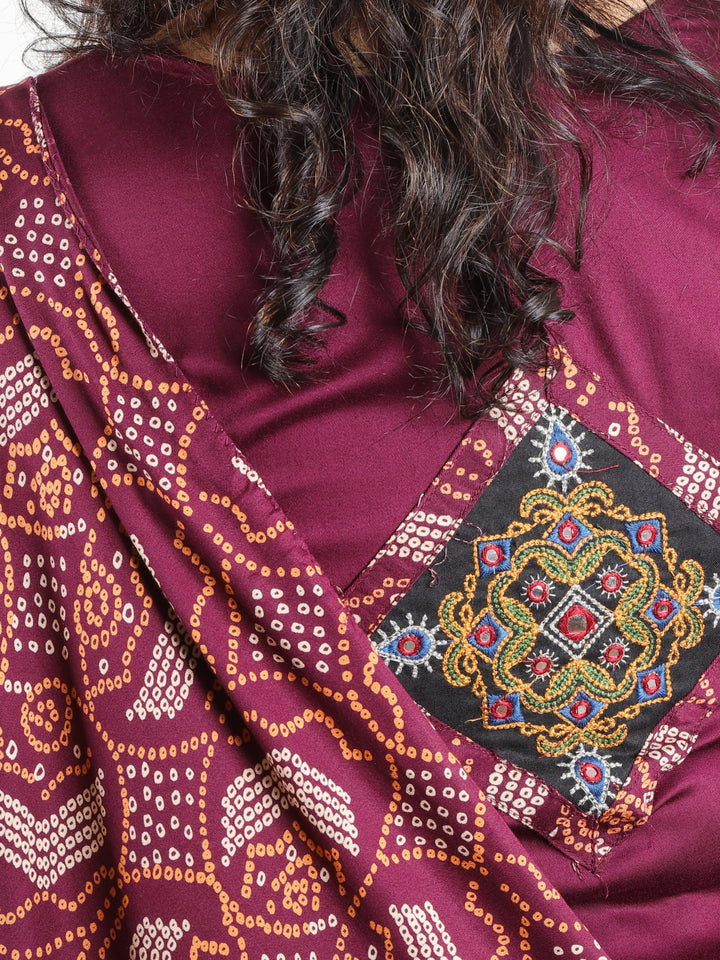 Malikaa Burgundy Wine Rayon Satin Yoke with Mirror Work Rayon Satin 3 Piece Set