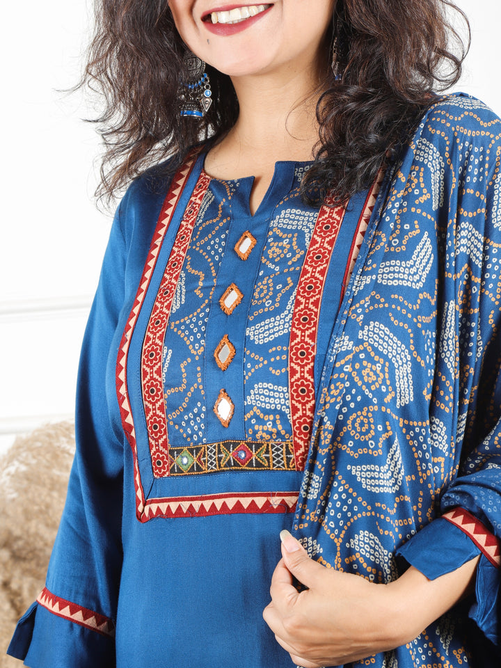 Malikaa Royal Blue Rayon Satin Yoke with Mirror Work Rayon Satin 3 Piece Set