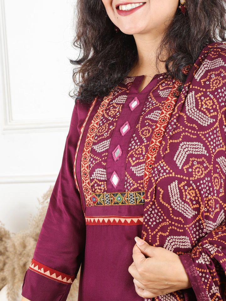 Malikaa Burgundy Wine Rayon Satin Yoke with Mirror Work Rayon Satin 3 Piece Set