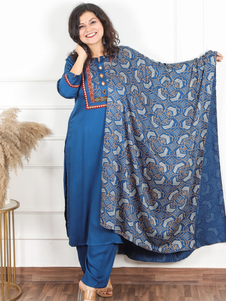 Malikaa Royal Blue Rayon Satin Yoke with Mirror Work Rayon Satin 3 Piece Set