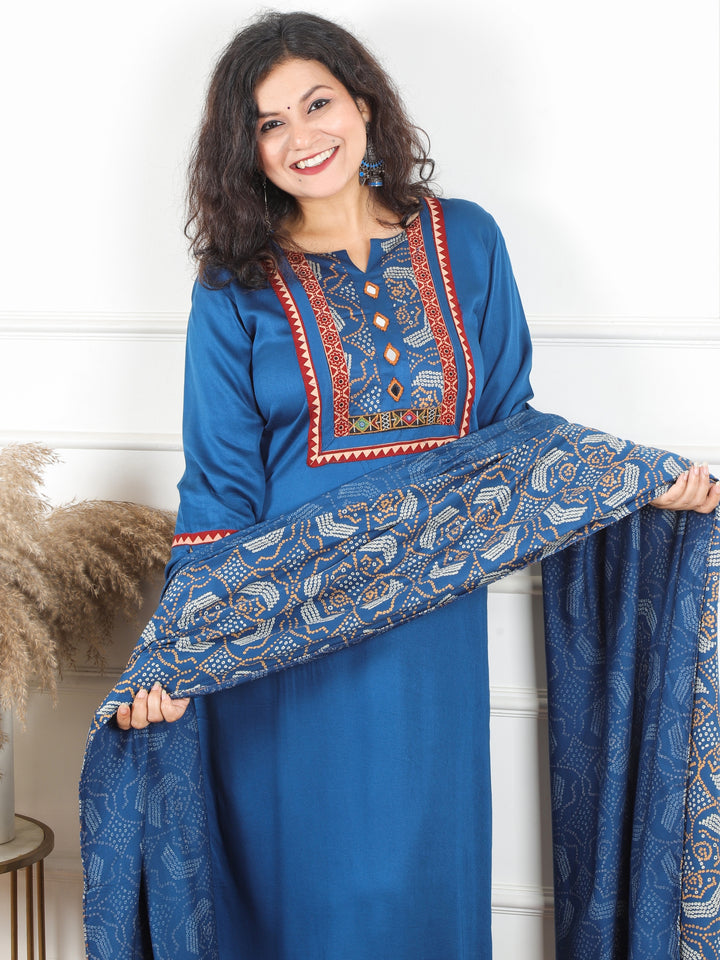 Malikaa Royal Blue Rayon Satin Yoke with Mirror Work Rayon Satin 3 Piece Set