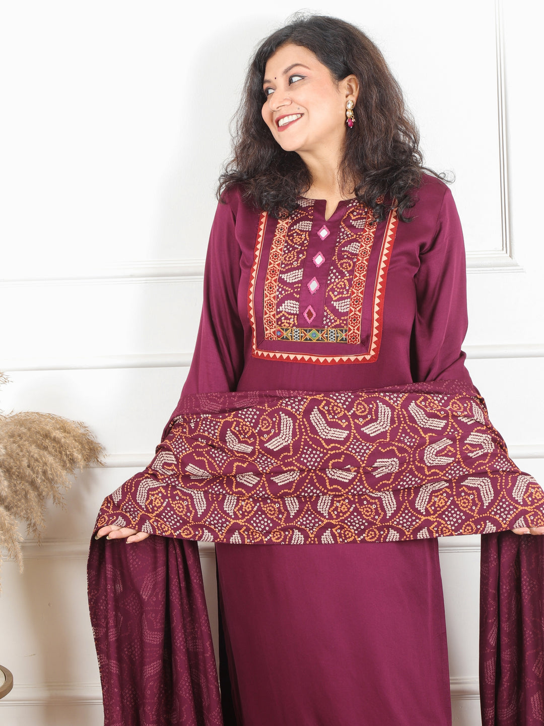 Malikaa Burgundy Wine Rayon Satin Yoke with Mirror Work Rayon Satin 3 Piece Set