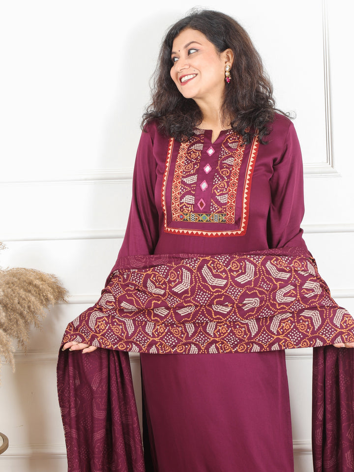 Malikaa Burgundy Wine Rayon Satin Yoke with Mirror Work Rayon Satin 3 Piece Set