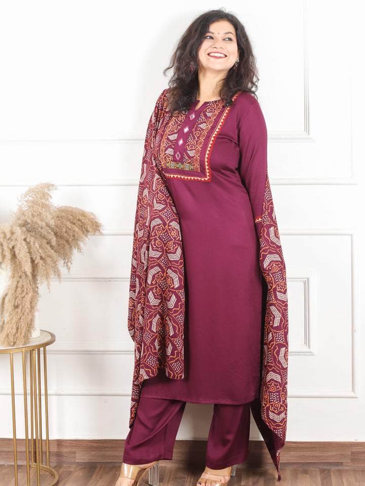 Malikaa Burgundy Wine Rayon Satin Yoke with Mirror Work Rayon Satin 3 Piece Set
