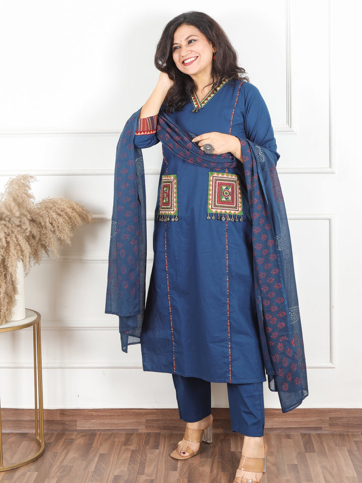 Malikaa Royal Blue V neck Lace Work with Coin and Pocket Cotton 3 Piece Set