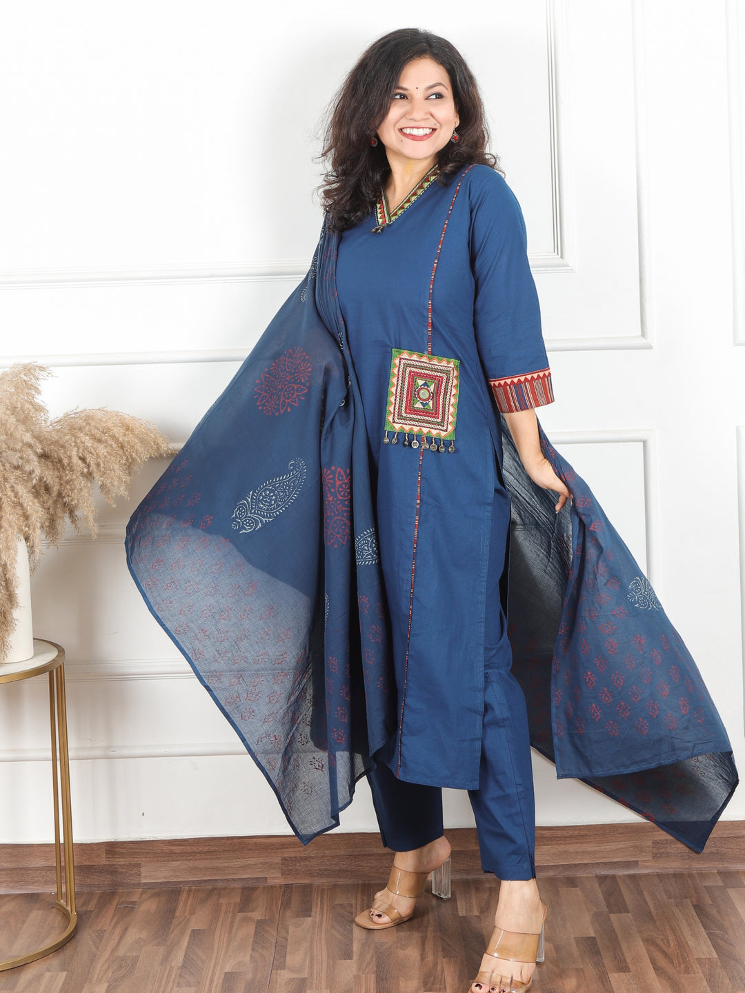 Malikaa Royal Blue V neck Lace Work with Coin and Pocket Cotton 3 Piece Set