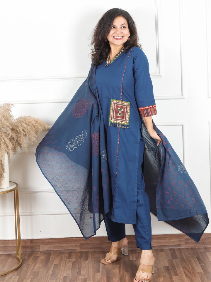 Malikaa Royal Blue V neck Lace Work with Coin and Pocket Cotton 3 Piece Set