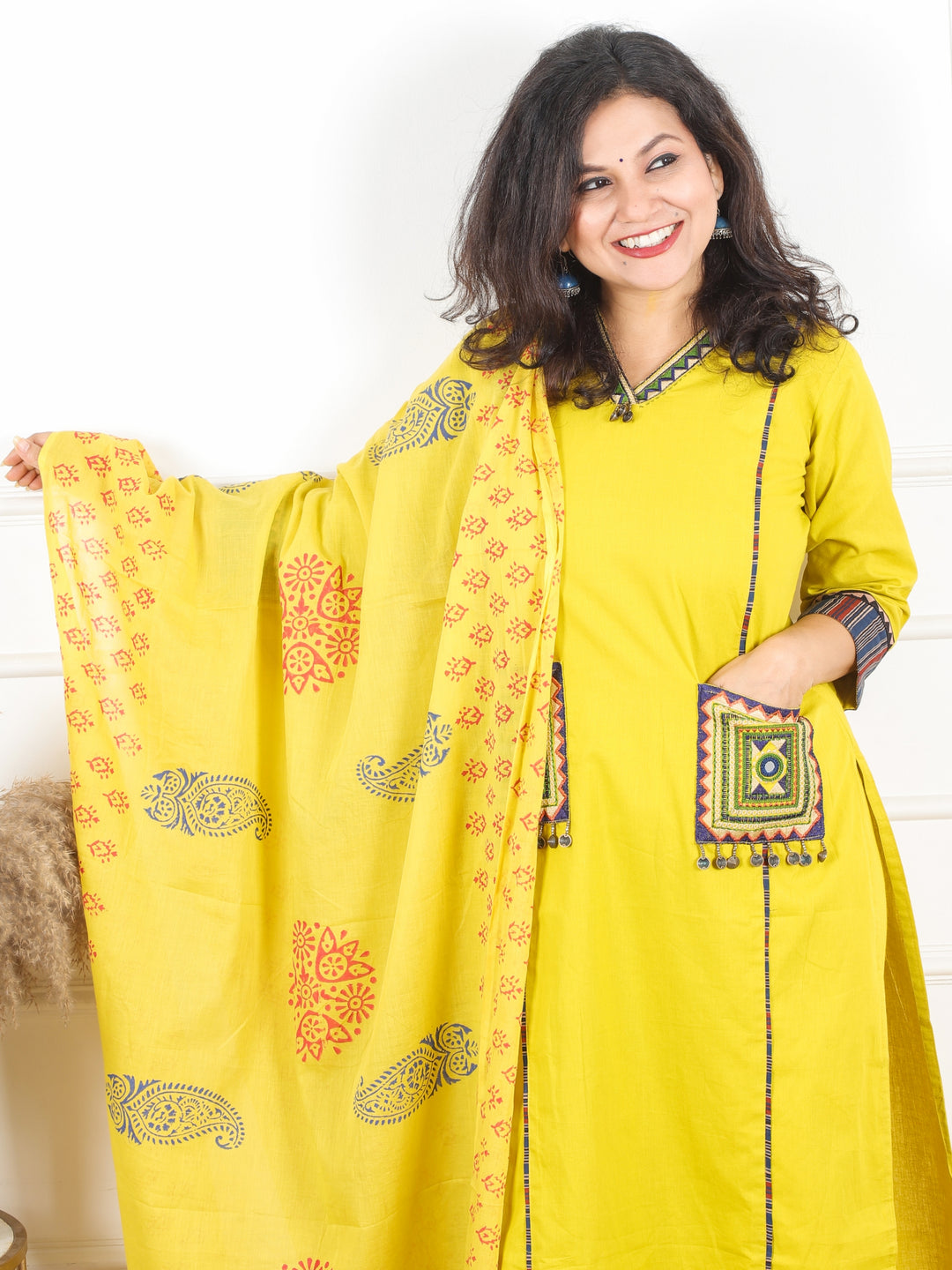 Malikaa Lemon Yellow V neck Lace Work with Coin and Pocket Cotton 3 Piece Set
