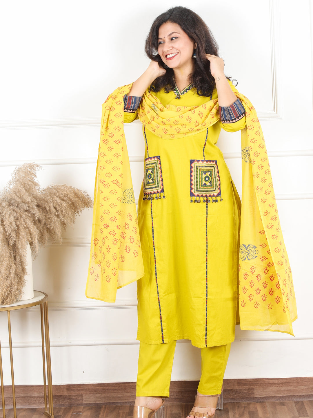 Malikaa Lemon Yellow V neck Lace Work with Coin and Pocket Cotton 3 Piece Set